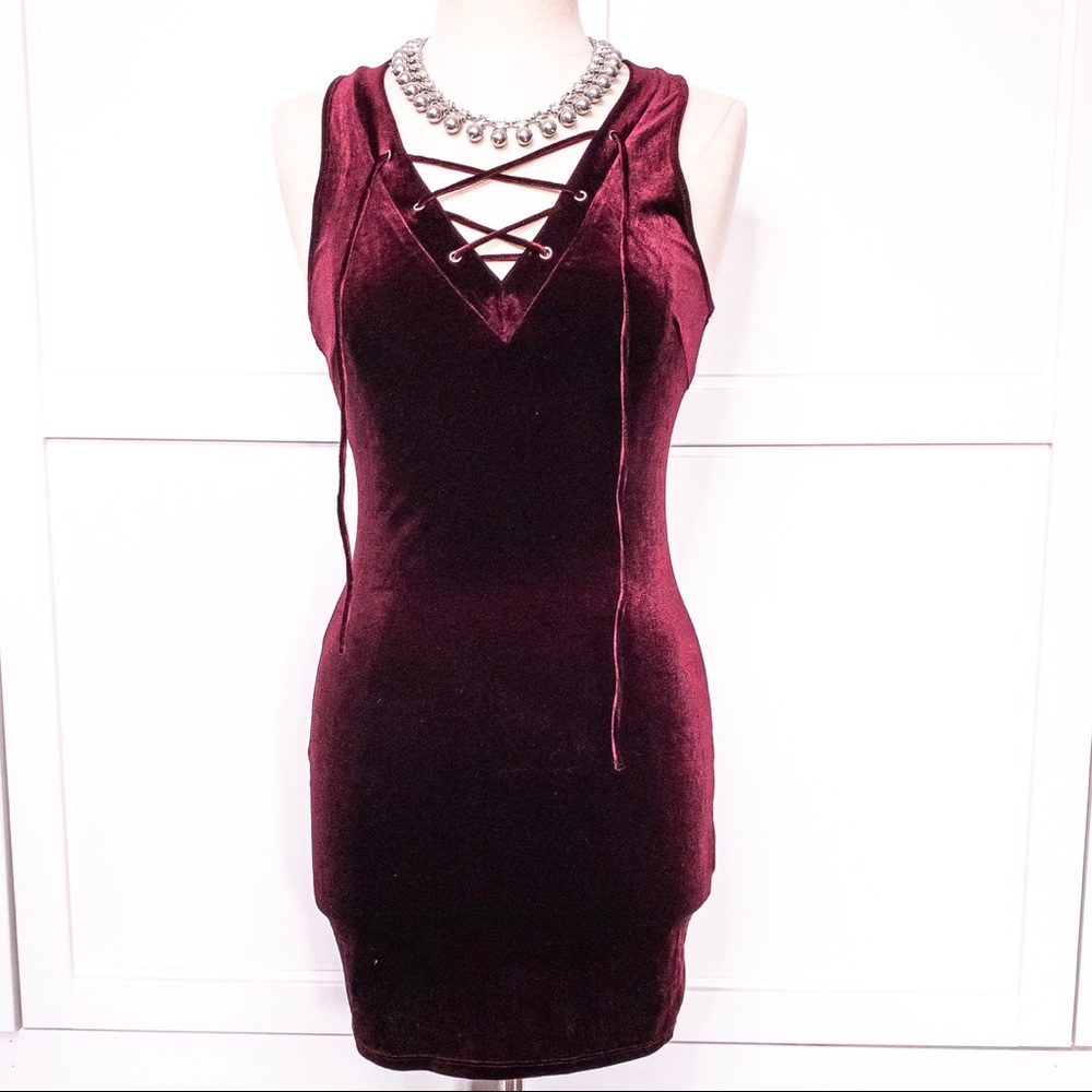 Burgundy Velvet Lace Up Mini Dress